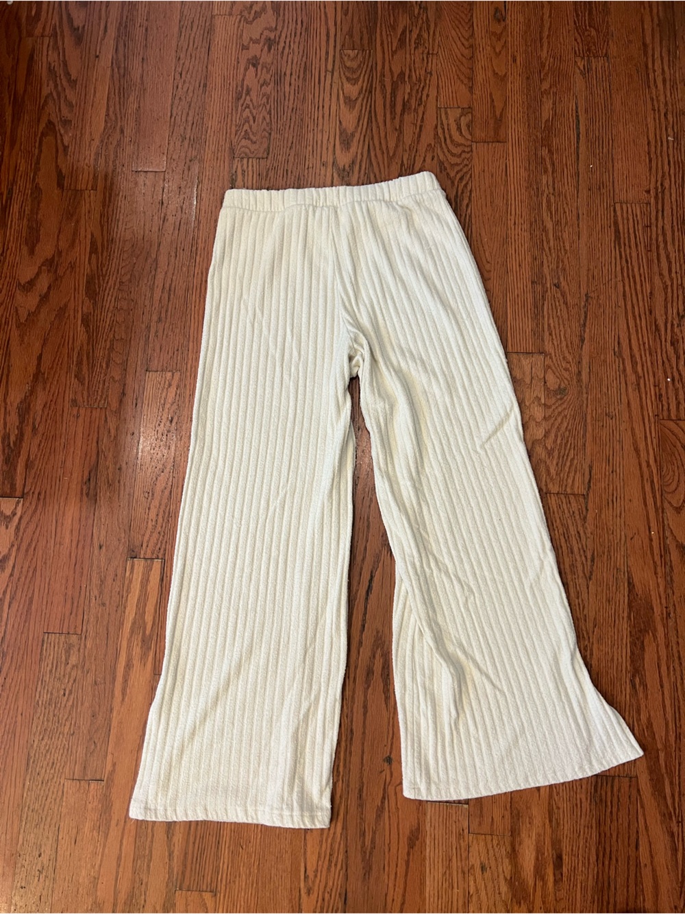 H&M Cream Ribbed Wide Leg Lounge Pants Soft Cozy Split Hem L - Picture 6 of 6